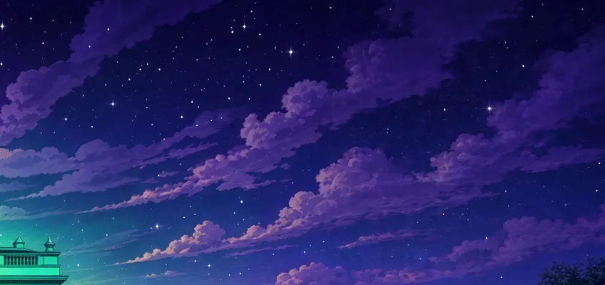The starry purple night sky over the lawn
