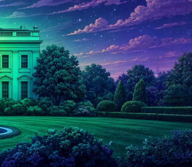 The teal-lit east wing of the mansion